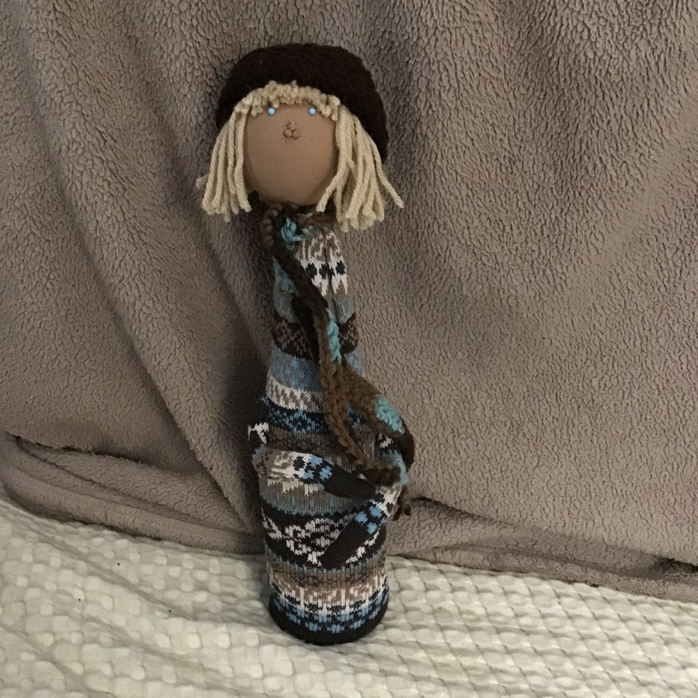 Handmade Fabric Doll Folk Art Rustic Winter Outfit Beret‎ Scarf